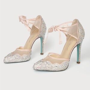 Betsey Johnson Iris Champagne Rhinestone Ankle Strap Stiletto Heels Pumps New